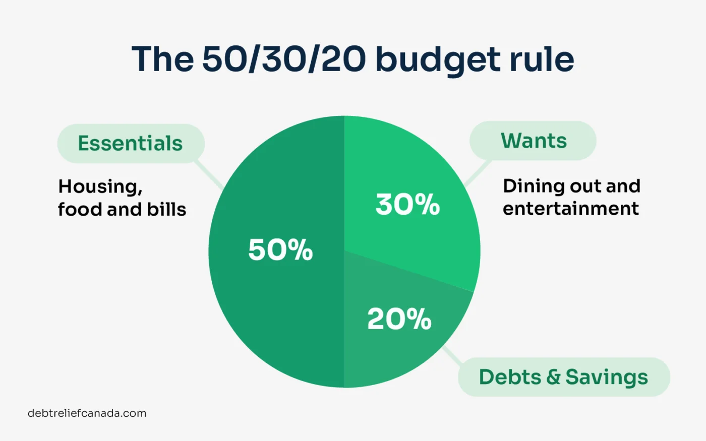 The 50/30/20 rule 50% for essentials, 30% for wants, and 20% for debt payments and savings.